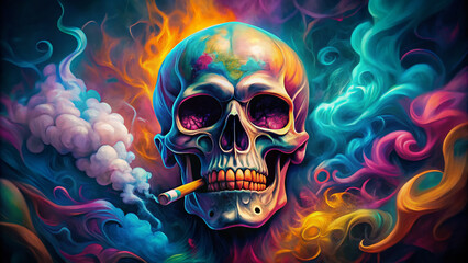 Colorful cartoon illustration of a cigarette smoking skull surrounded by swirling clouds of smoke with a hint of mischief and rebellion.