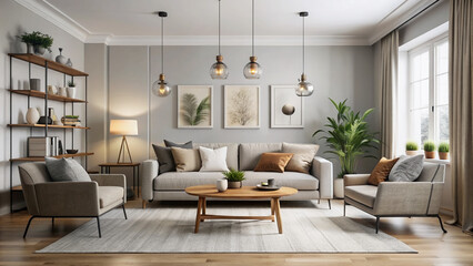 Fototapeta premium Minimalist Scandinavian-style living room with sleek lines, neutral tones, and carefully curated decorative accents, exuding a sense of modern sophistication and simplicity.
