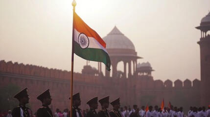 Indian Independence Day, showcasing a flag hoisting ceremony at the Red Fort, with military personnel and civilians standing in respect