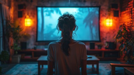 A highly realistic image of a person engaged in Watching horror movies in the home theater The scene is well-lit, with natural light highlighting the details. The background is slightly blurred 