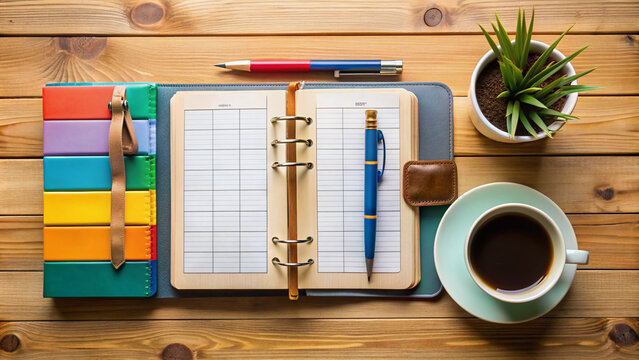 Colorful open planner lies on a modern wooden desk surrounded by pens, papers, and a cup of coffee, showcasing a well-organized daily layout.