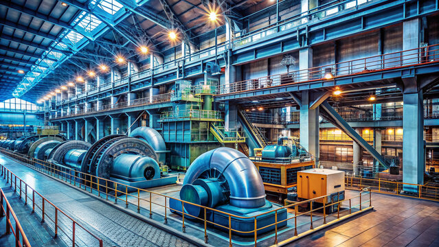 Industrial power plant interior with massive turbine generator machinery humming with electricity, steel pipes and valves weaving intricate network of modern energy production.