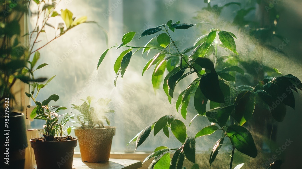 Poster sunlight streams in lighting up green leaves and creating a calm atmosphere