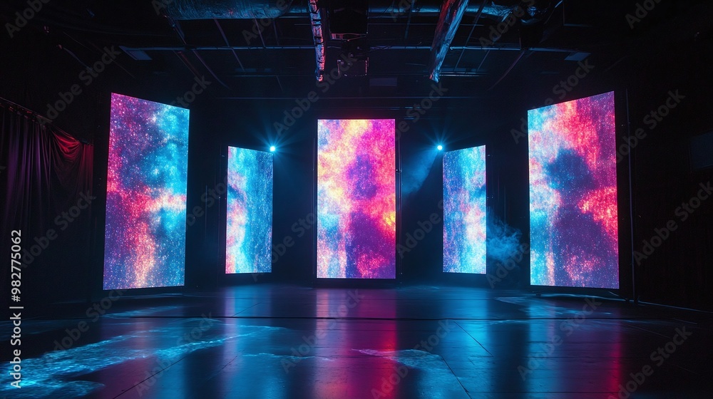 Poster abstract light show and vibrant led projection screens on stage, offering a dynamic visual display a