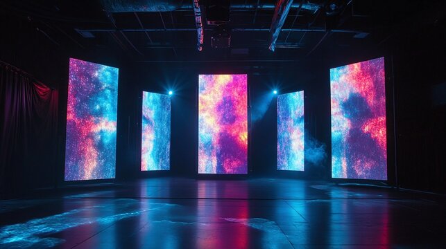 abstract light show and vibrant LED projection screens on stage, offering a dynamic visual display and immersive entertainment experience