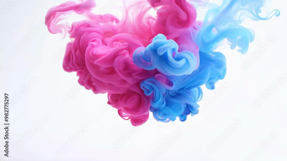 Poster swirling clouds of pink and blue ink mixing underwater, creating a vibrant and dynamic visual effect