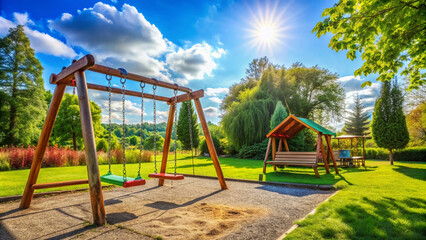 Colorful empty playground surrounded by lush greenery featuring a traditional wooden swing set with three seats and sturdy chains under a sunny blue sky.