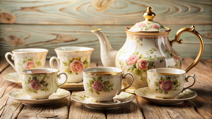 Fototapeta premium Elegant tea set with ornate details on a rustic wooden table against a soft, creamy background with a beautiful floral patterned mockup design.