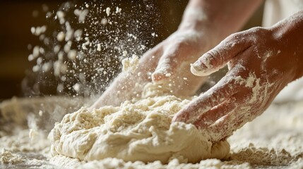Fototapeta premium Flour clouds rise as hands expertly knead the dough in a warm kitchen