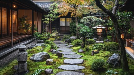 Obraz premium Japanese foliage in a traditional Zen garden with stone paths and lanterns