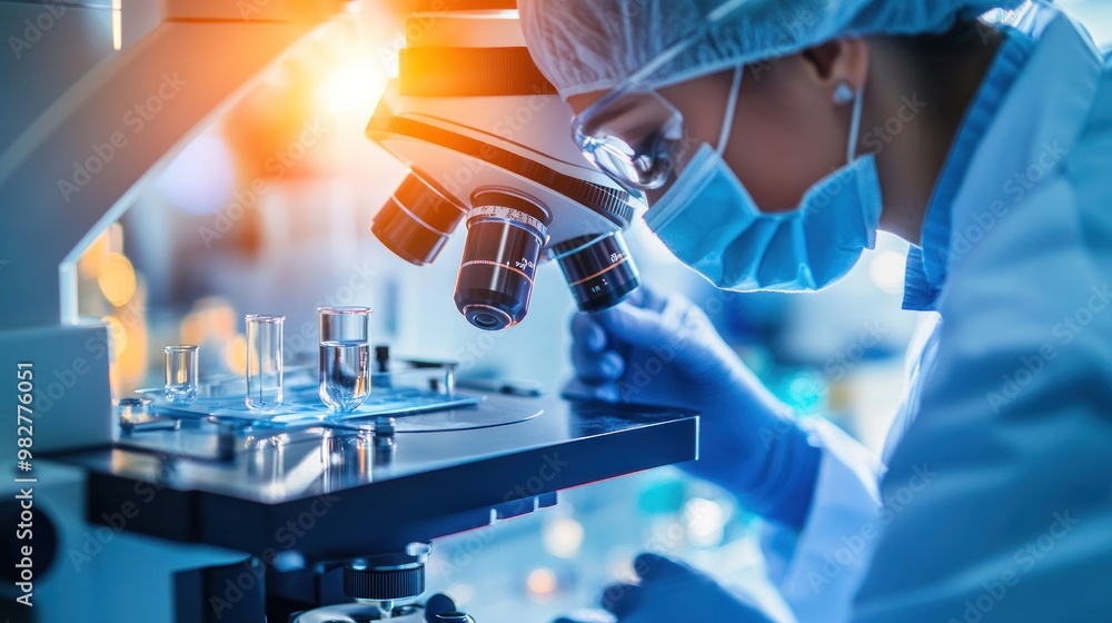 Poster a scientist examines samples under a microscope in a laboratory setting.