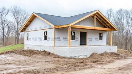A partially constructed house with a wooden porch and a gravel foundation in a rural setting.
