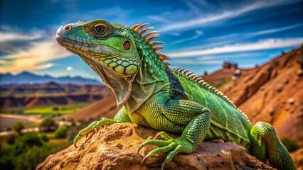 Fototapeta premium A massive, vibrant green lizard with scaly skin and long tail perches regally on a rocky outcropping, dominating the arid desert landscape background.