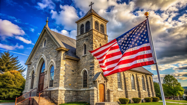 Historic stone church with American flag and government building in background, symbolizing the intersection of faith and politics in American society.
