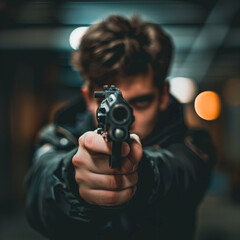 Young Man Aiming a Handgun in an Urban Setting at Night, Displaying Tension and Intensity