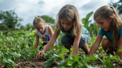 Fototapeta premium Kids engaged in sustainable agriculture, participating in an educational program about organic farming and nature conservation