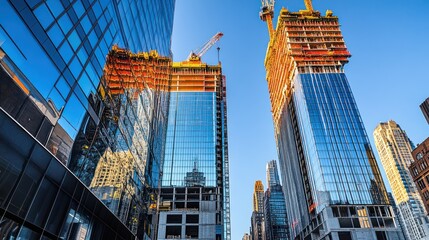 Fototapeta premium Urban construction scene with reflective glass buildings and cranes against a clear blue sky.