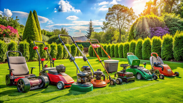 A colorful array of lawn care equipment, including mowers, trimmers, and edgers, neatly organized on a sunny lawn, surrounded by lush green grass.