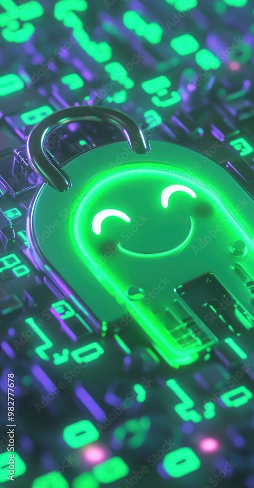 Poster a glowing green padlock with a smiley face on a digital background of binary code.