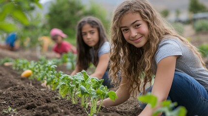 Fototapeta premium group of teen girls planting in a community garden, working as a team to promote sustainability, eco-friendly practices, and environmental awareness through gardening