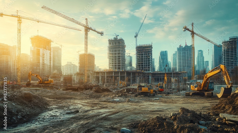 Poster large scale construction project with multiple cranes and heavy machinery working on a massive high-