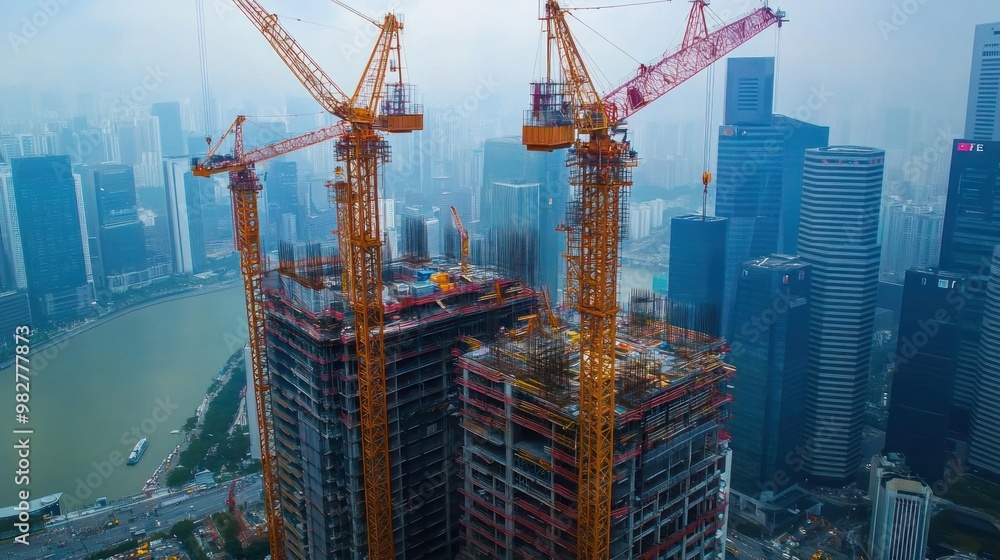 Poster large scale construction project with multiple cranes and heavy machinery working on a massive high-
