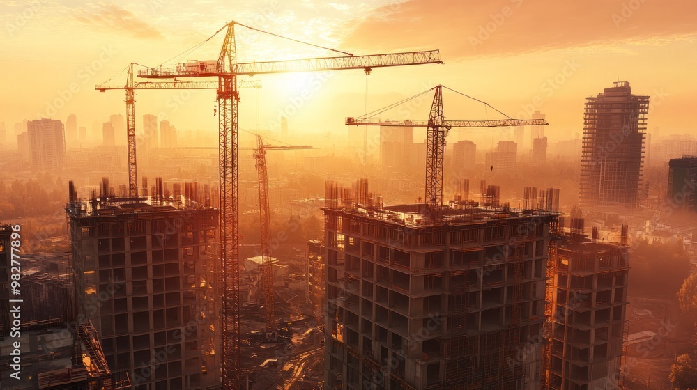 Poster large scale construction project with multiple cranes and heavy machinery working on a massive high-