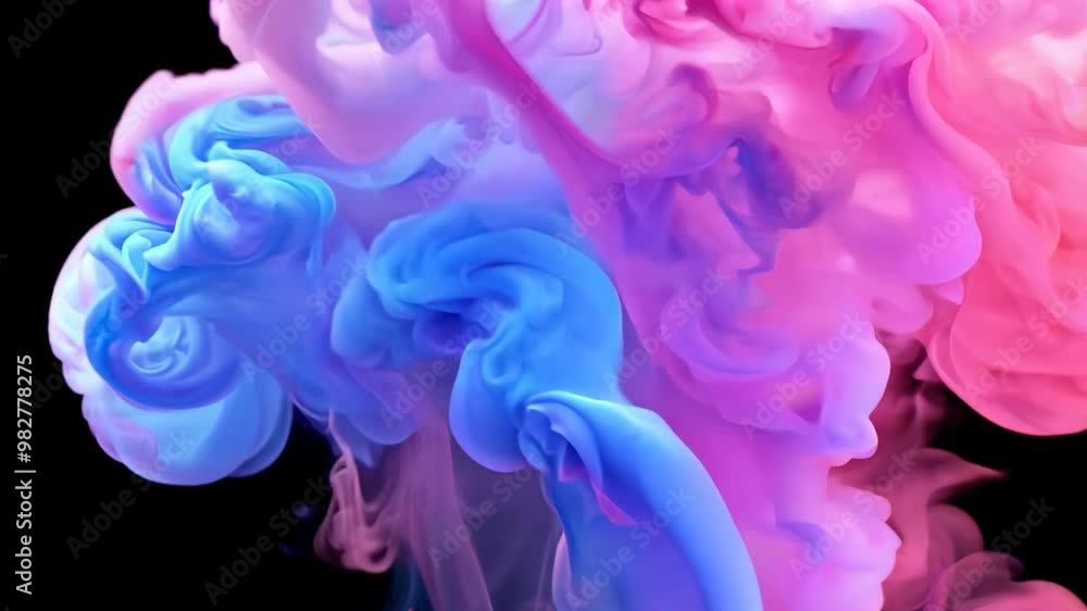Poster blue and pink ink swirling in water, creating a dynamic and colorful abstract pattern against a blac