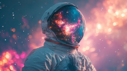 The double exposure image of the astronaut's suit overlay with the milky way galaxy image, with copy space