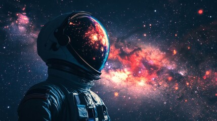 The double exposure image of the astronaut's suit overlay with the milky way galaxy image, with...