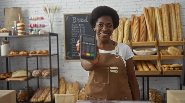 Woman in apron holding a card reader in a bakery with shelves full of bread and baked goods in the background