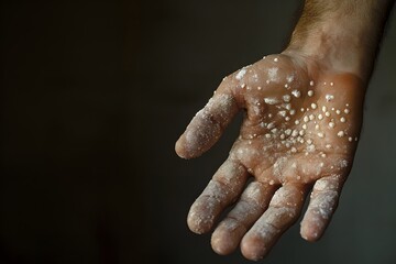 Fototapeta premium Male hands affected by blistering rash because of monkeypox. Patient with Monkey Pox