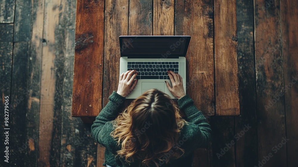 Poster professional woman working at a table with a laptop computer, utilizing digital technology to manage