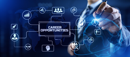 Career opportunities. Businessman pressing virtual button on screen.