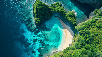 top view of beautiful tropical island with dense trees, with white sand beach and clear blue waters. concept of vacation with family. 4K Island Wallpaper