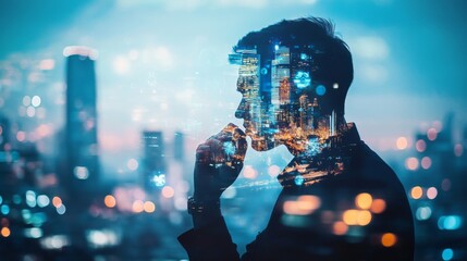 The double exposure image of the businessman thinking overlay with cityscape image and futuristic hologram. The concept of modern life, business, city life and internet of things