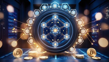 A visually stunning representation of a blockchain network in a secure digital vault, showcasing nodes represented by intricate geometric shapes. Each node connects through luminous lines,