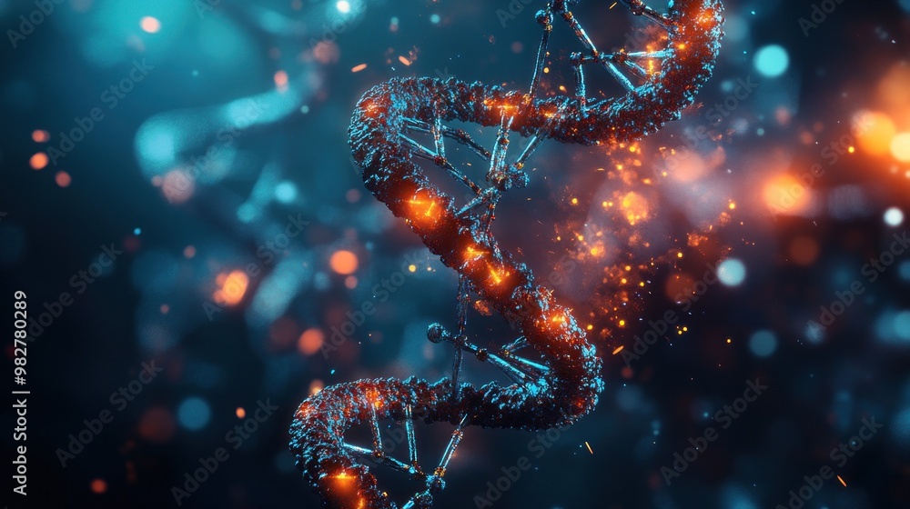 Poster a digital representation of a dna double helix with glowing elements and a cosmic background.