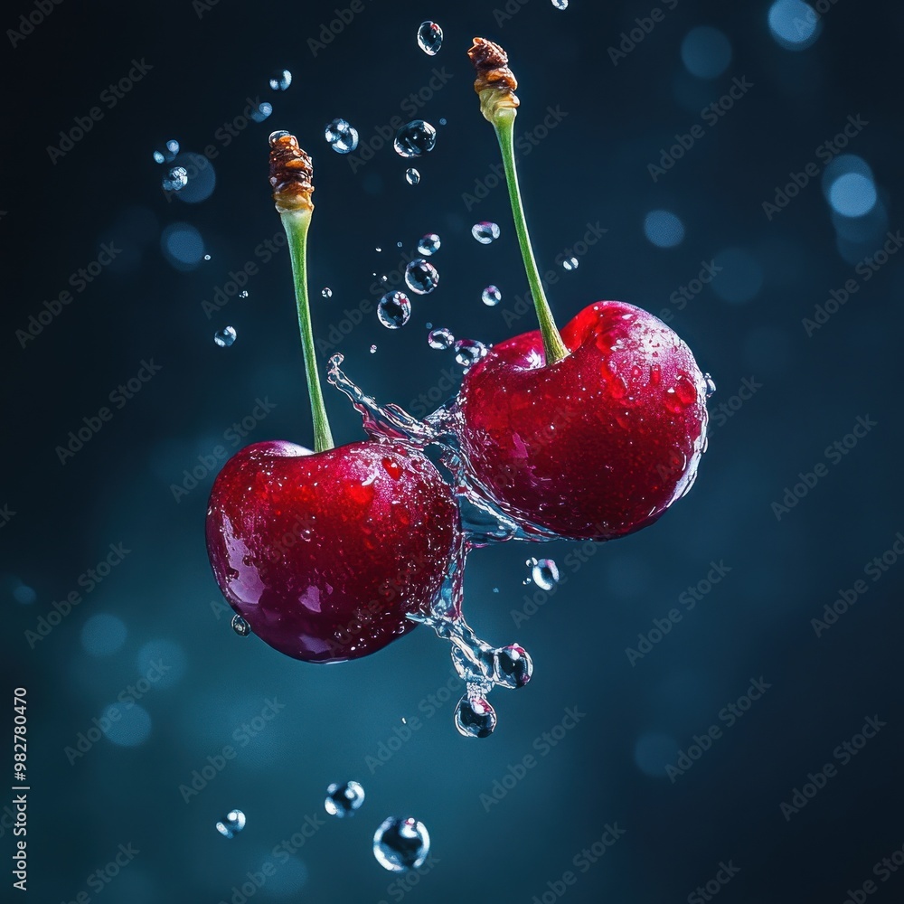 Sticker Two cherries splashing in water, showcasing freshness and vitality.