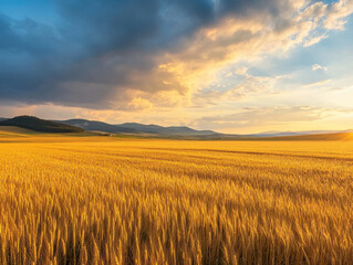 Obraz premium Field of barley with a dramatic sky, sunlight piercing through clouds, agriculture, grain farming