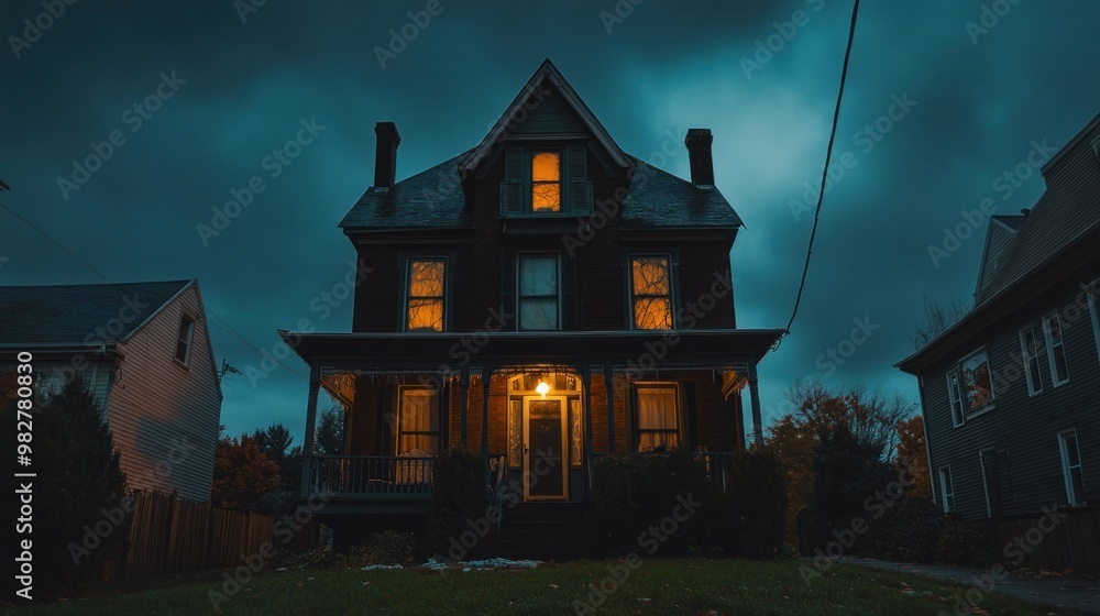 Canvas Prints A dark, atmospheric house with glowing windows under a moody sky.