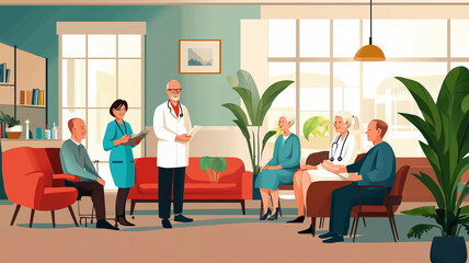 Illustration, retired people in a nursing home in the common living space with nursing staff. Elderly people sitting in a chair in the common living room. Aged people together in a retirement home.