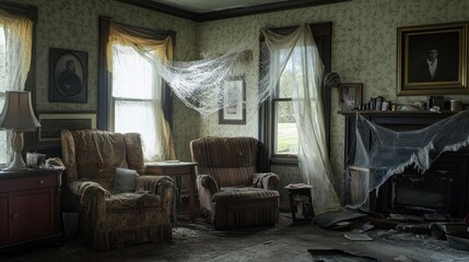 A dusty, abandoned living room with cobwebs and worn furniture, evoking nostalgia and decay.