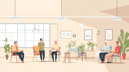 Illustration, retired people in a nursing home in the common living space with nursing staff. Elderly people sitting in a chair in the common living room. Aged people together in a retirement home.