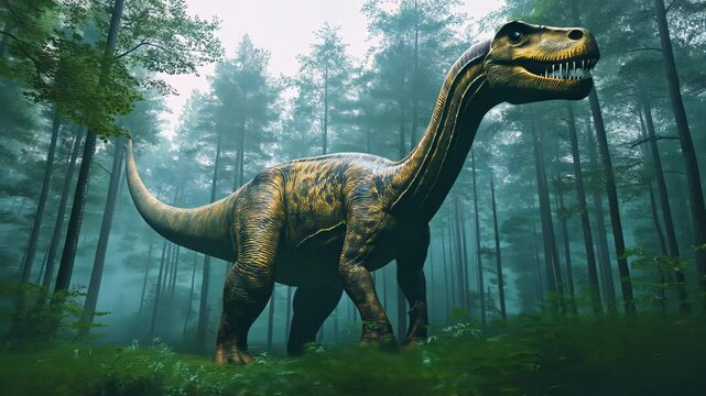 Massive long-necked dinosaur roaming misty prehistoric forest, lifelike 3D rendering of brachiosaurus in lush Jurassic landscape, ancient reptile towering over foggy primeval woodland