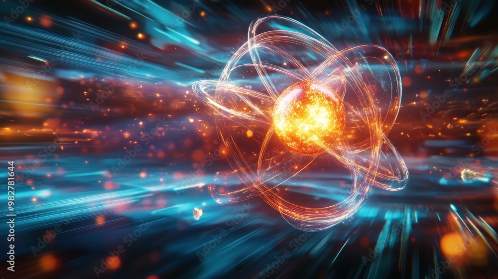 Poster a dynamic representation of an atom with vibrant energy and motion effects.
