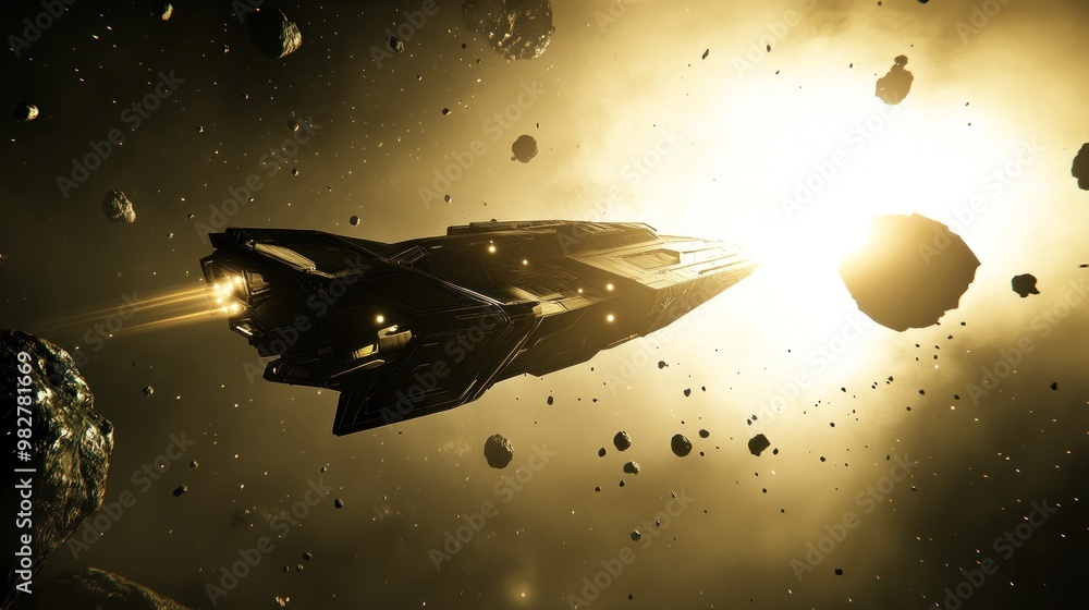 Poster a futuristic spaceship navigating through an asteroid field towards a bright star.