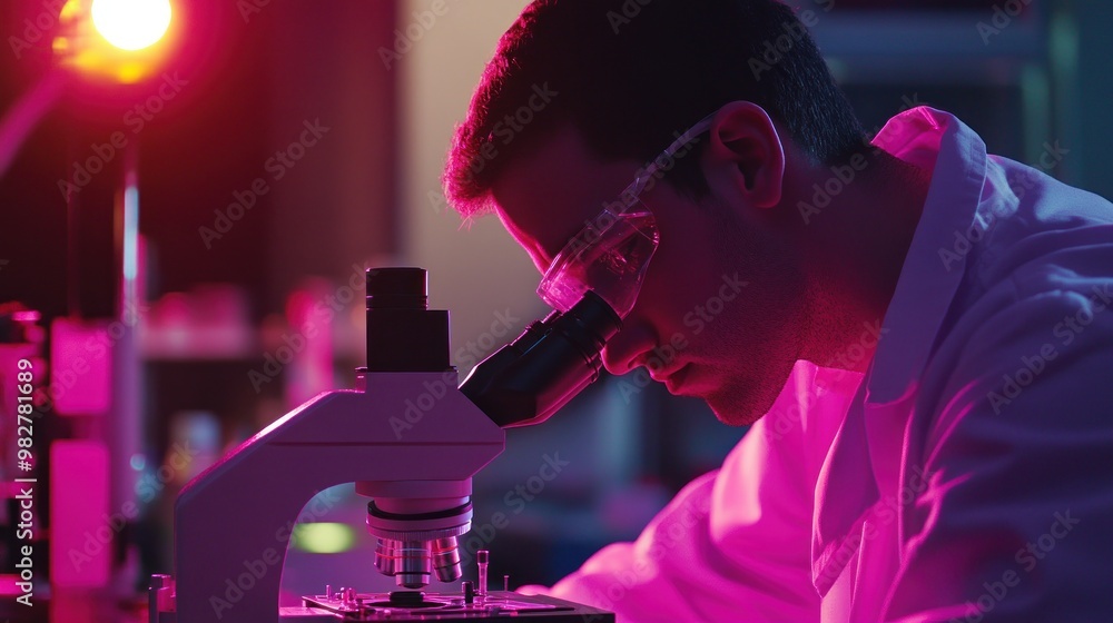 Poster a scientist examines samples under a microscope in a laboratory setting with vibrant lighting.