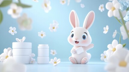 Adorable Bunny Surrounded by Spring Flowers on Serene Blue Background