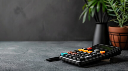 A calculator placed on a textured desk with potted plants in the blurred background, representing calculation and finance concepts.